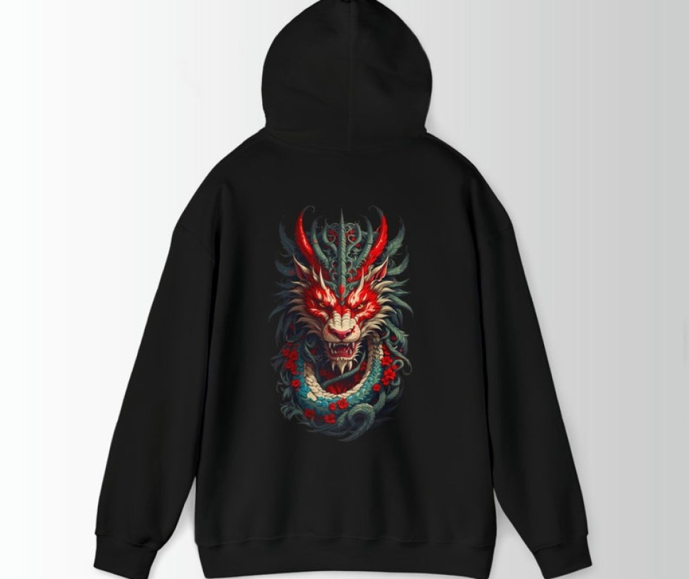 Dragon Print Hoodie, Dragon Streetwear, Dragon Graphic Hoodie, Unisex Heavy Blend Hoodie